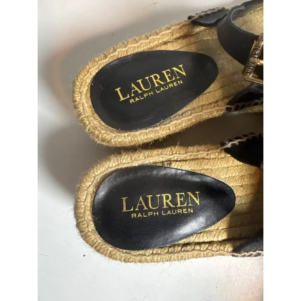 Lauren Ralph Lauren Black Espadrille Wedge Sandals 100% Leather Bena Womens 8
